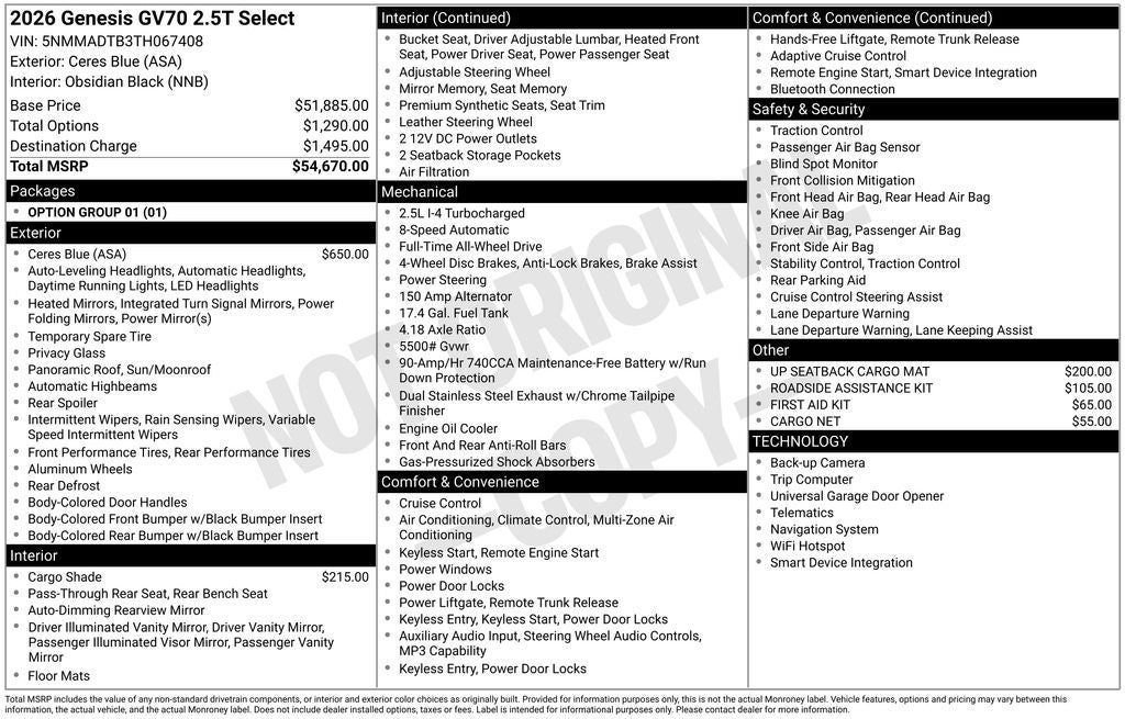 2026 Genesis GV70 2.5T SELECT