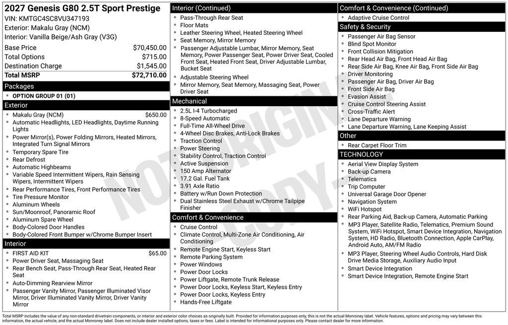 2027 Genesis G80 2.5T SPORT PRESTIGE