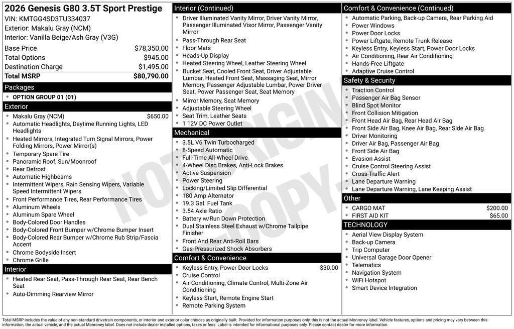 2026 Genesis G80 3.5T SPORT PRESTIGE