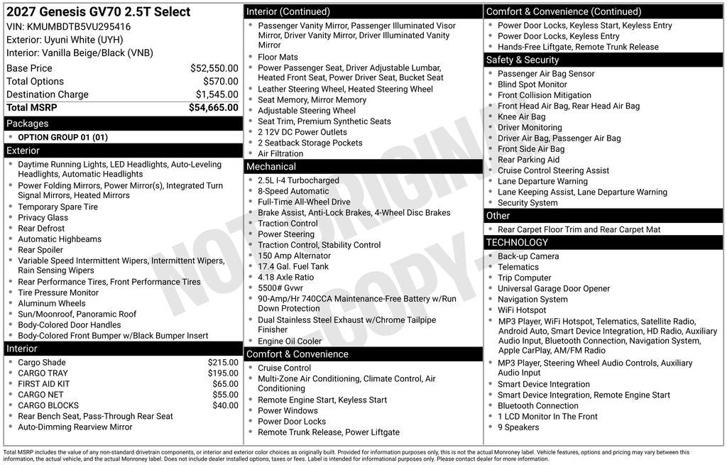 2027 Genesis GV70 2.5T SELECT