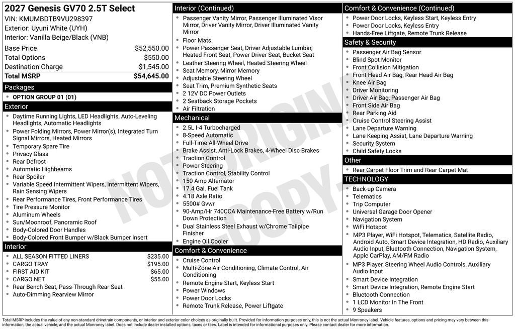 2027 Genesis GV70 2.5T SELECT